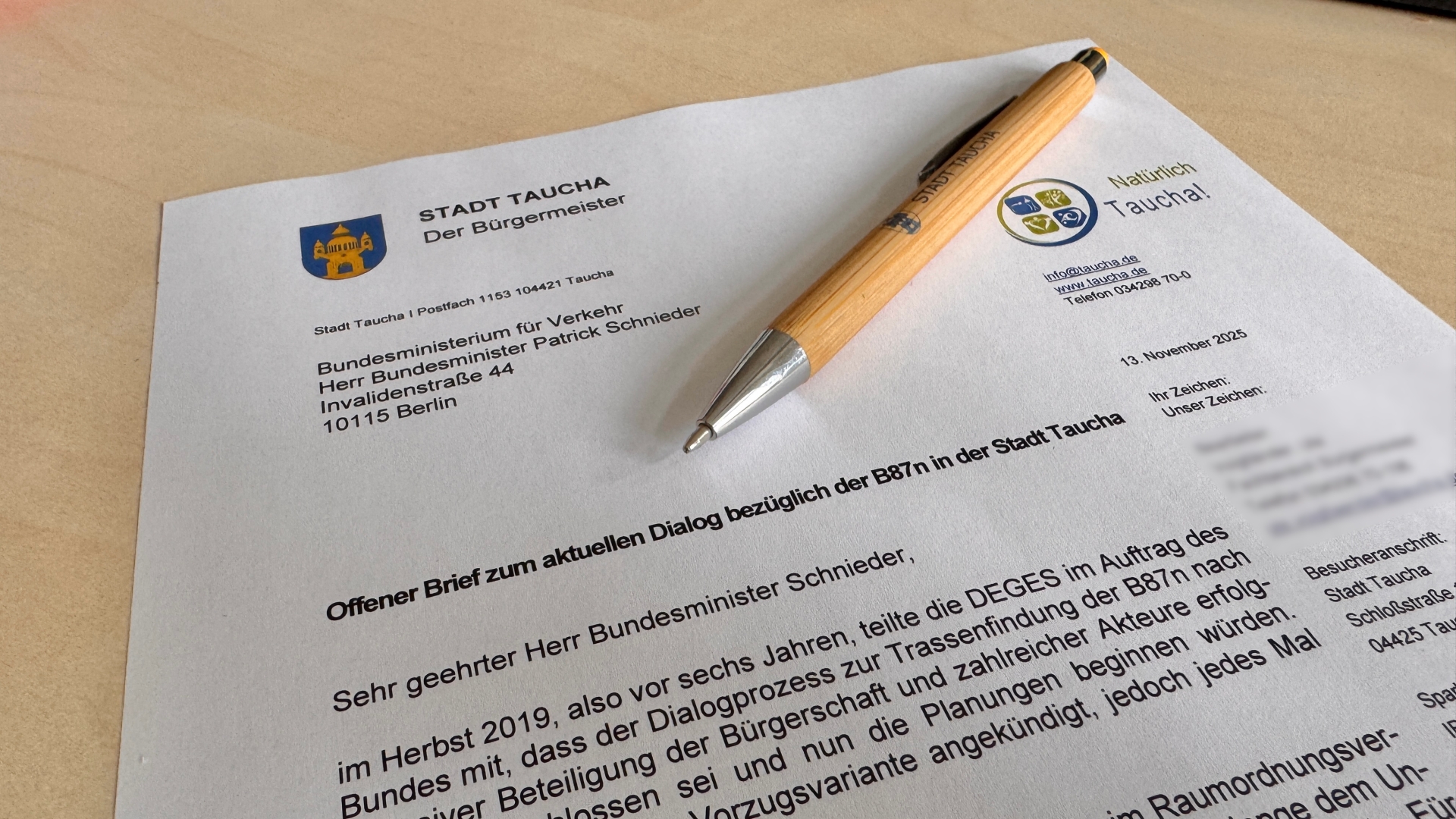 Offener Brief an den Bundesverkehrsminister zur Thematik B87n